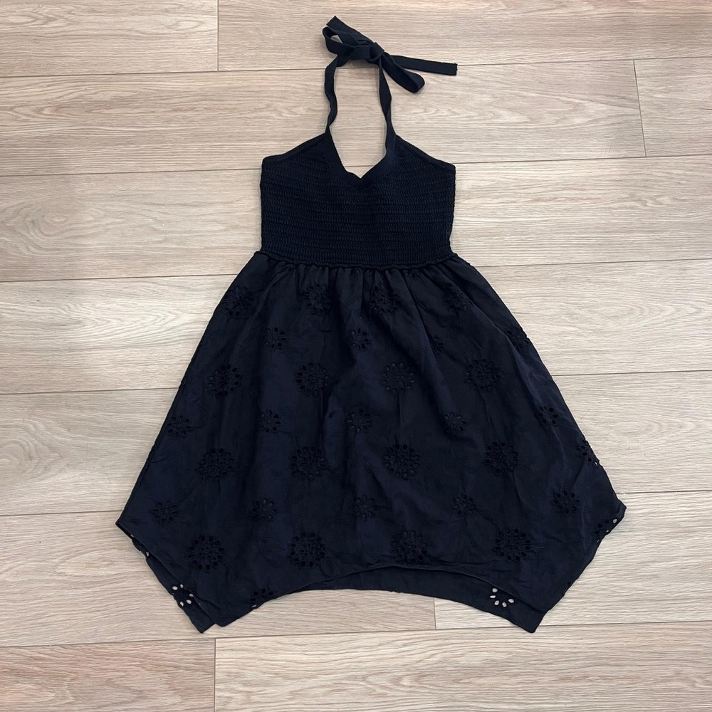 Aritzona Y2K Black Eyelet Lace Handercheif Hem Halt Top Dress Whimsygoth Fairy